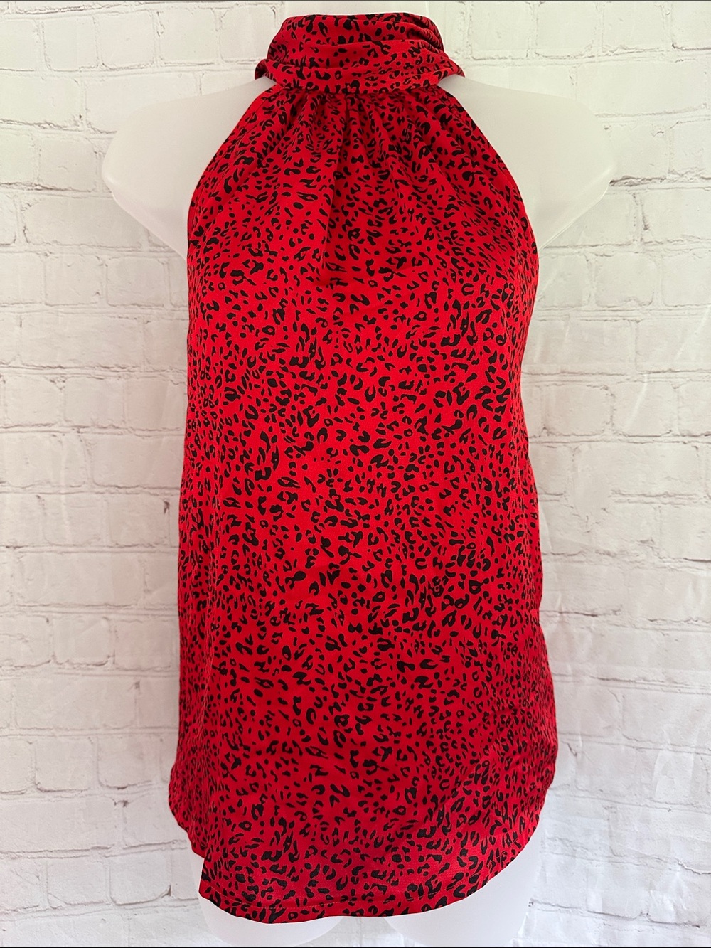 Bishop +Young Red Leopard Print Blouse with High Neck and Tie Back size XS